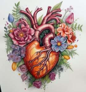 Anatomical Heart Tattoo With Flowers