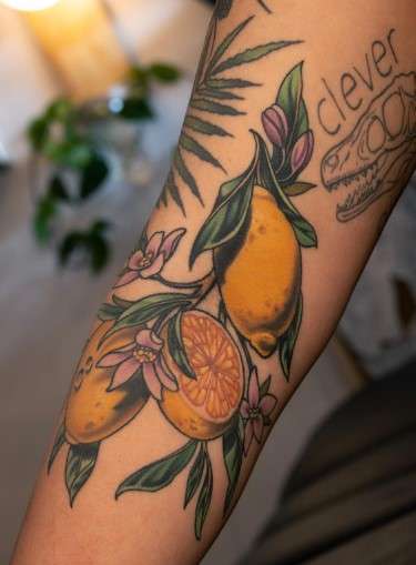 lemon tattoo with flower and leaves design