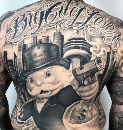 Gangster monopoly man tattoo on back