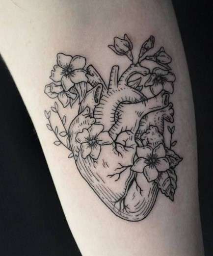 Simple Anatomical Heart Tattoos With Flowers