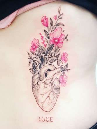 Feminine Anatomical Heart Tattoo With Flowers 