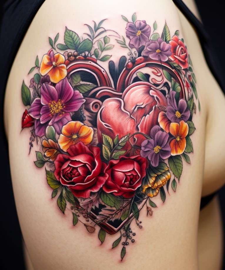 Colorful Anatomical Heart Tattoo With Flowers 