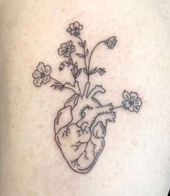 Simple Anatomical Heart Tattoo With Flowers 