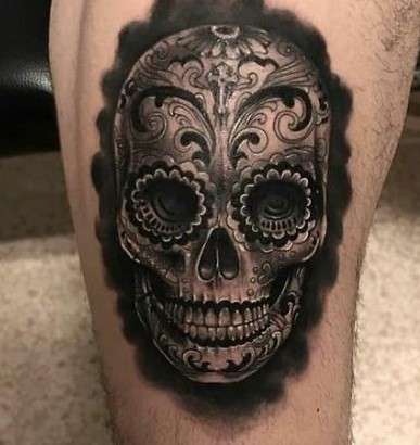 Dia de los muertos black skull tattoo