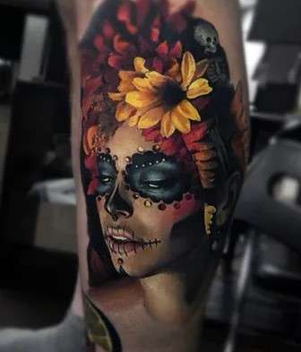 Catrina dia de los muertos tattoo with flower