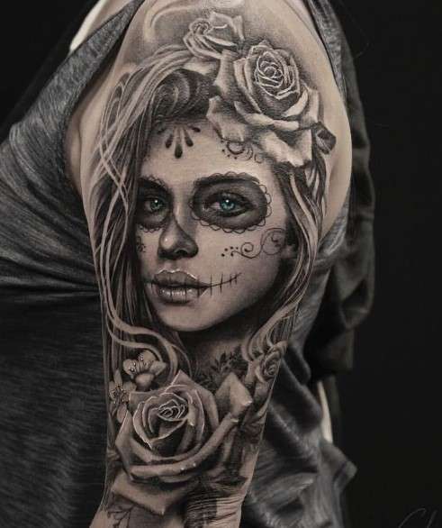 black and white Catrina dia de los muertos tattoo