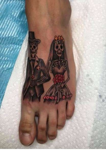 Dia de los muertos Bride and Groom tattoo on feet