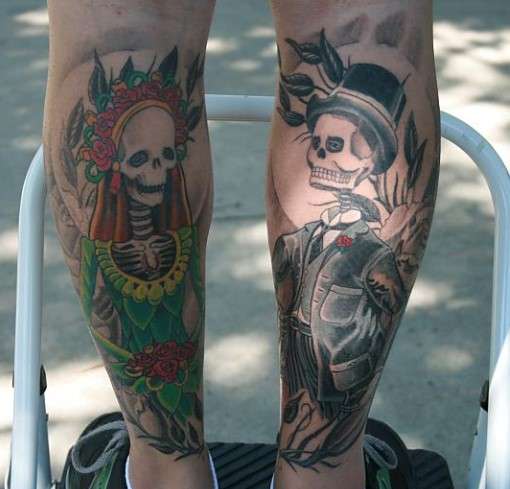 Dia de los muertos Bride and Groom tattoo on leg