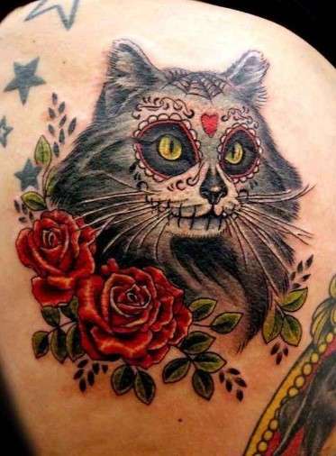 colorful Dia de los muertos Cat tattoo
