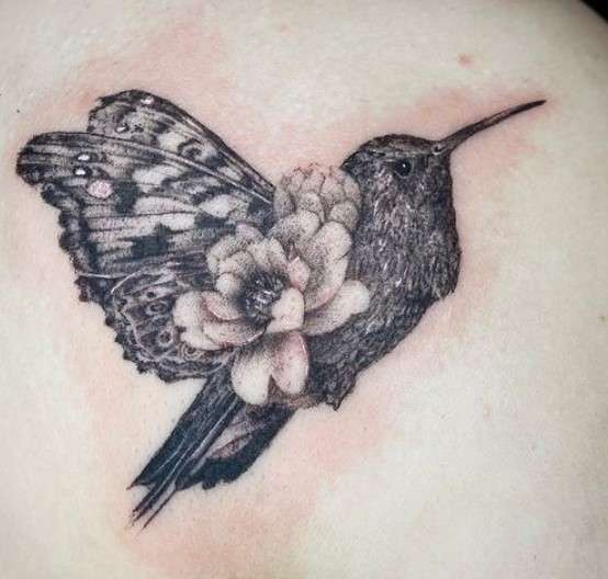 Whimsical butterfly hummingbird tattoo black white