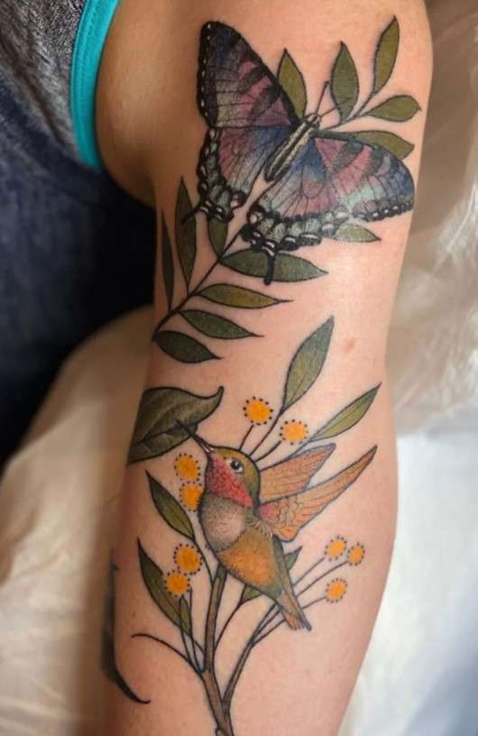 Whimsical butterfly hummingbird tattoo colorful