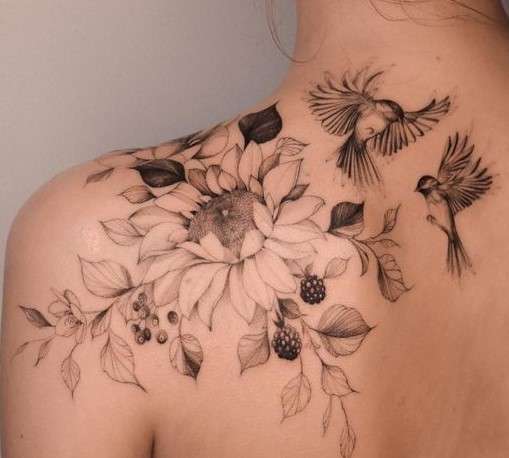 Whimsical Flower tattoo back shoulder