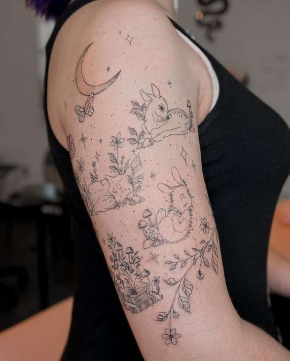 Whimsical tattoo sleeve deer and rabbit and fox