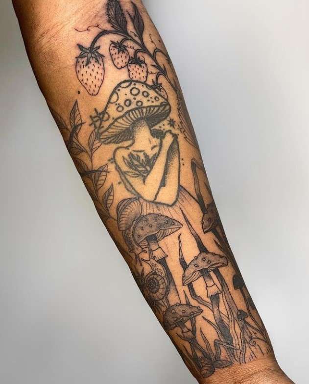 Whimsical tattoo sleeve mushroom and cherry