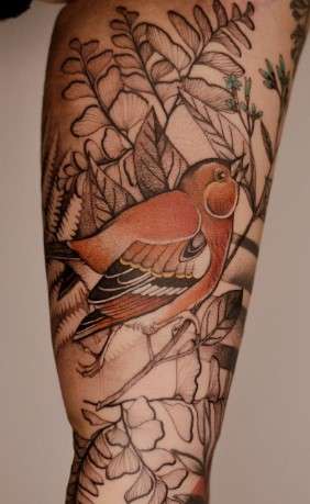 Whimsical bird tattoo red and black