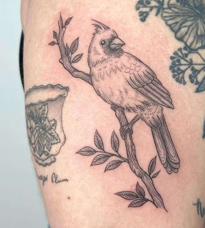 Whimsical bird tattoo cardinal