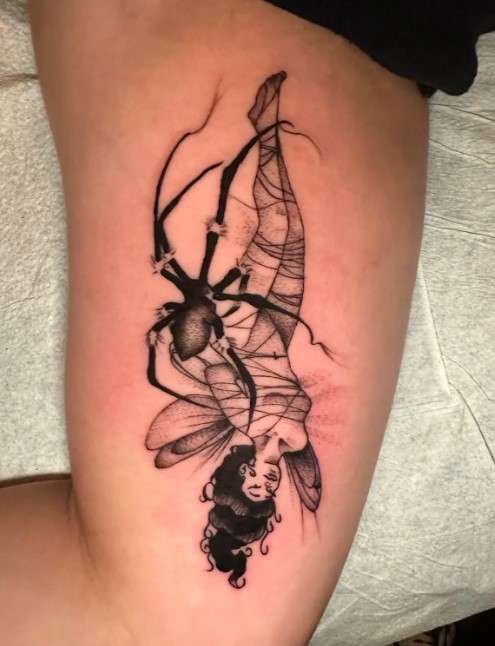 Whimsical Fairy tattoo with spider web