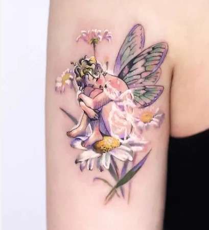 Whimsical Fairy  sitting on flower tattoo