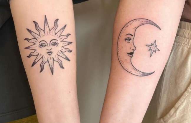 Whimsical Sun Moon sideways tattoo