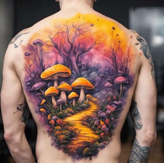 Whimsical Mushroom tattoo full back