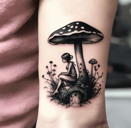 Whimsical Mushroom tattoo with girl