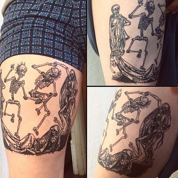 Danse Macabre tattoo on both thigh