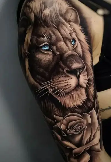 Lion with Blue eyes and rose tattoo