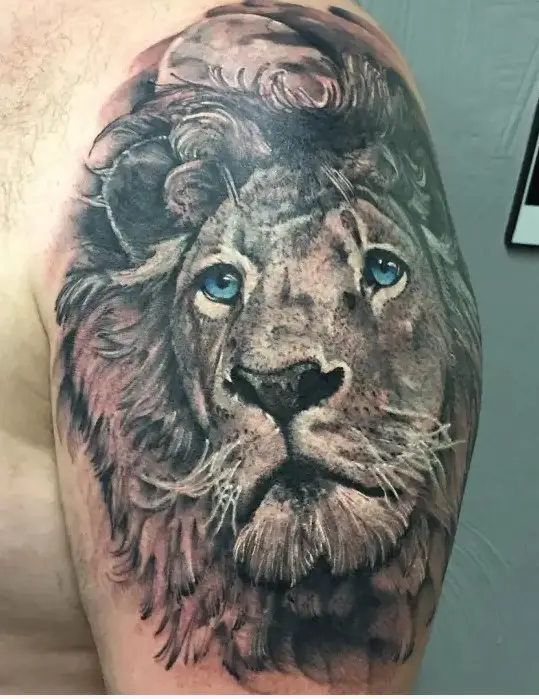 Innocent Lion with Blue eyes tattoo