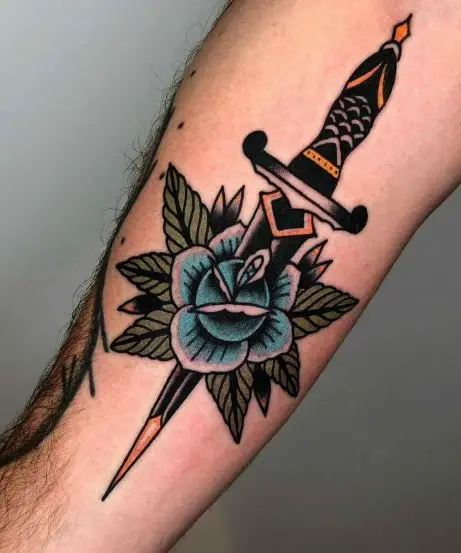 Dagger And  Blue Rose tattoo